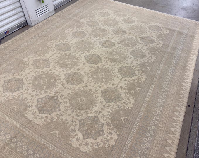 9x12 muted ivory vintage khotan rug - home decor bedroom rug - hand knotted wool oriental rug - rugs for living room, traditional rug 9x12'2