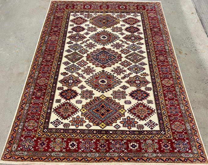 6x8 ivory kazak Oriental Rug - Geometric Persian Style Hand knotted Veg dye wool Rug - Rugs for living room - Bedroom Rug - medallion rugs