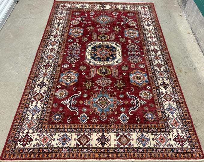 6x9 red traditional kazak rug - Afghan hand knotted Natural dyes wool oriental rug - rugs for living room - entry way rug - kitchen rug