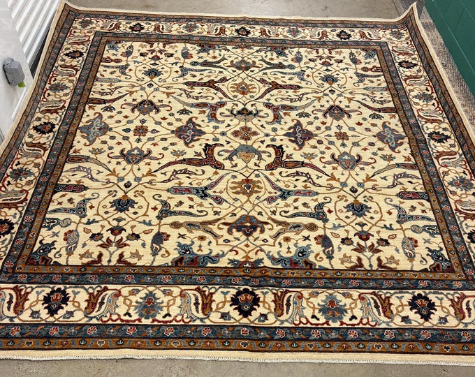 10x10 ivory tribal square chobi Bidjar rug - rug for livingroom - Afghan hand knotted wool rug - oriental rug - diningroom rug - bedroom rug