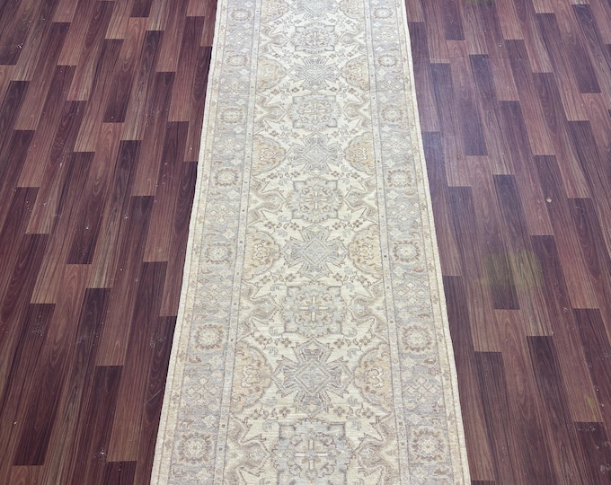 11 ft Muted Ivory Gray Runner Rug - Hand Knotted Afghan Wool Oriental Rug - Neutral Boho Floor rug - Vintage Hallway Rug - Eco Artisan Decor
