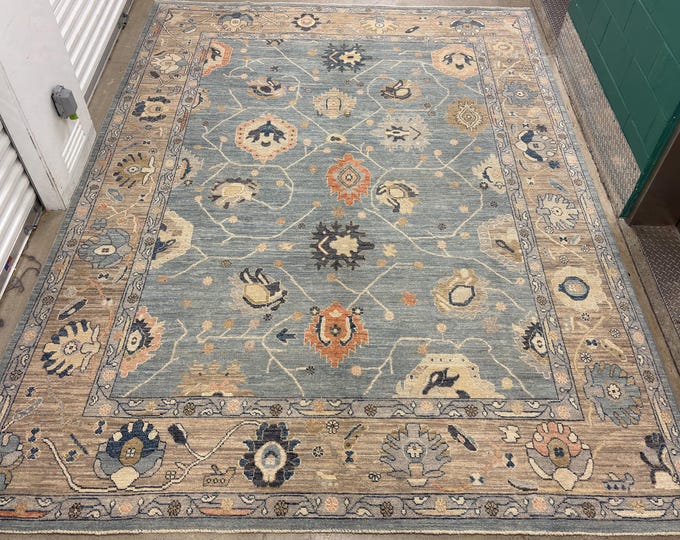 9x12 light pastel blue beige oushak rug - afghan hand knotted wool oriental rug - flooring art homedecor rug - bedroom rug - diningroom rugs