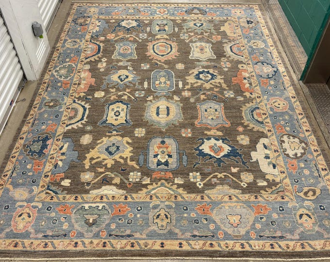 9x12 Taupe Gray oushak rug - floral Turkish style hand knotted natural dyes wool rug - rugs for bedroom - dining room rug - light blue rugs