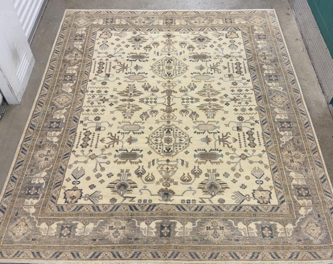 8x10 Unique tribal Nomadic design ivory chobi Oushak rug - Oreintal Rug - afghan hand woven wool rug - bedroom decor rug - living room rug