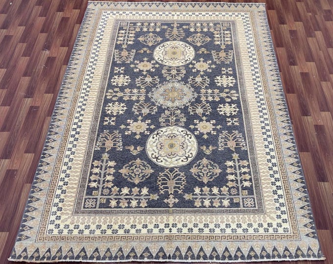 6x9 stunning dark gray khotan rug - afghan hand knotted wool oriental rug - flooring art homedecor rug - bedroom rug - diningroom rugs