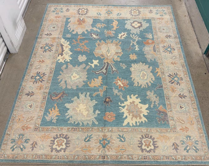 8x10 Tribal dark turquoise blue Oushak rug - traditional handwoven natural color rug - Floral rug - Rugs for living room - bedroom decor rug