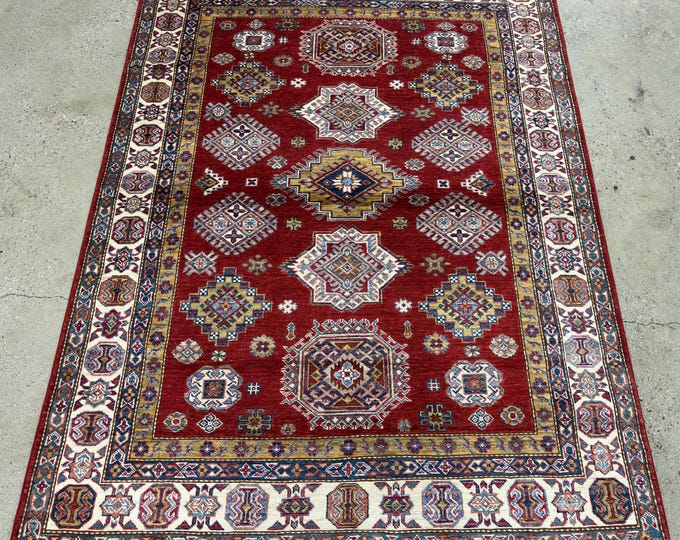 5x7 beautiful tribal geometric floral red rug hand knotted wool oriental rug - natural color dye wool rug - living room rugs - bedroom rug