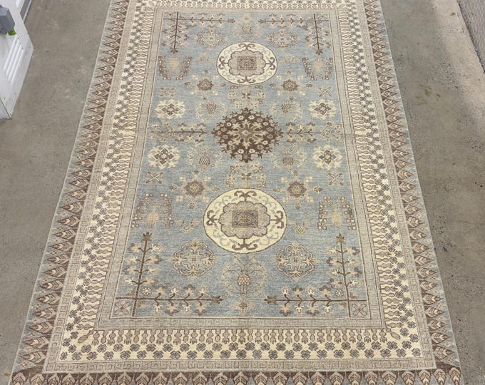 Handmade 6.2x9.7 ft tribal pomegranate light pastel blue khotan rug - Natural veg dyes wool oriental rug - bedroom rug, living room rug