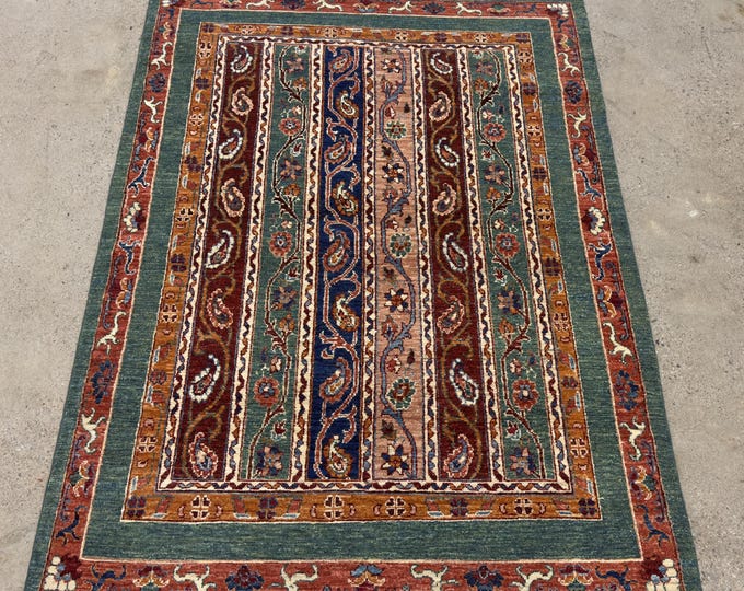 4x6 Stunning tribal Green Shawl Pattern rug - Afghan Hand knotted natural Veg dye Wool Striped Rug, Boho Rug - kitchen Rug - Living Room rug