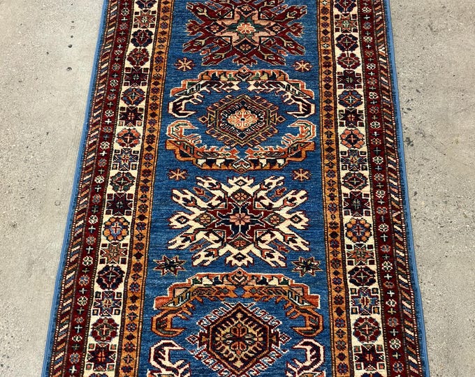 10 ft light blue Kazak Runner Rug - Afghan hand knotted wool rug - Entryway Rug - hallway rug - Home Decor rug - Corridor Rug - kitchen rug