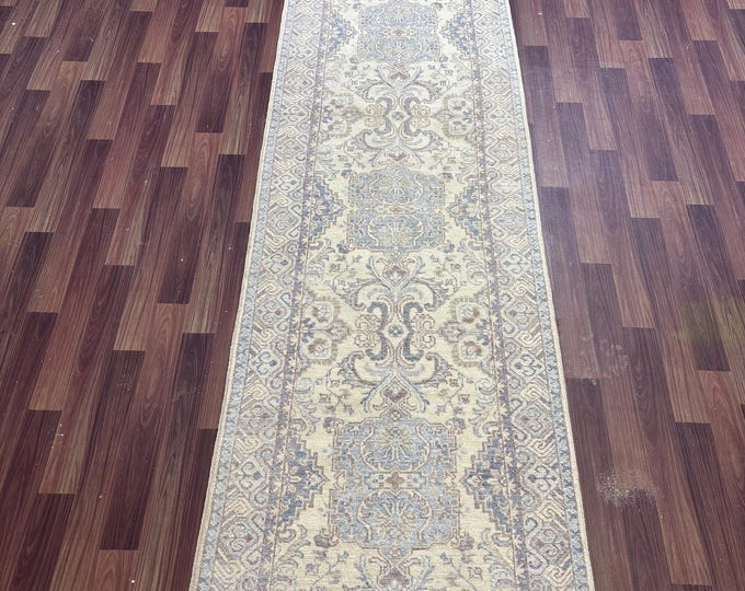 11 ft Ivory Creami runner rug - hand knotted afghan wool rug - Boho chic home decor - vintage style floor rug - Neutral living room carpet