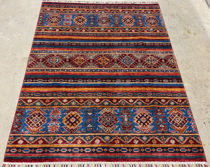 5x7 ft Colorful Handmade Area Rug - Afghan Wool Oriental Striped - Soft pile rug - Bedroom Living Room - Kitchen rug - Decorative gift