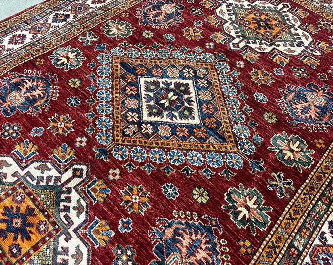 beautiful tribal geometric red rug hand knotted wool oriental rug - natural color dye wool rug - living room decor rug - bedroom rug 5x7 ft