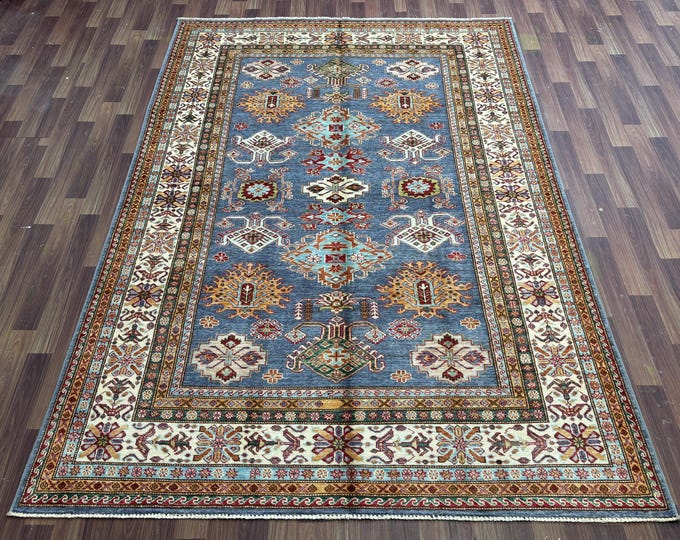 Handmade Afghan Kazak Rug 6x8ft - Gray Ivory Tribal Design - Authentic Wool Rug - Bohemian Floor Covering - Vintage Area Rug, livingroom rug
