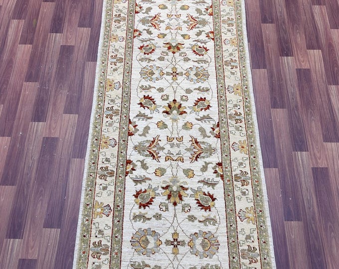 12 ft ethnic tribal chobi white creamy runner rug - afghan hand knotted wool oriental runner rug - hallway rug - kitchen runner rugs