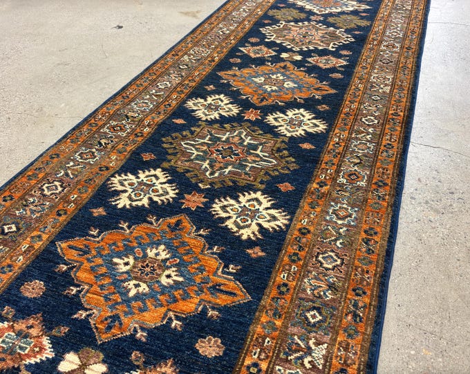 10 ft tribal chobi navy blue runner rug - afghan hand knotted wool rug - oriental runner rug, hallway rug - kitchen rug, entryway runner rug