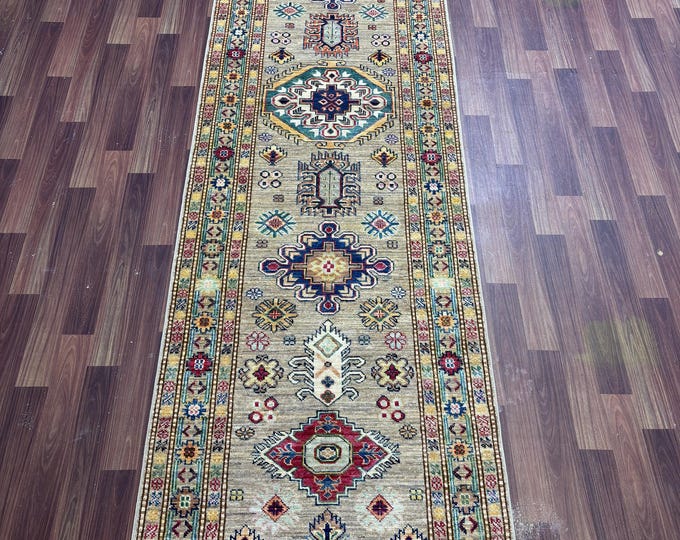 10 ft Beige blue red Kazak Runner Rug - Afghan hand knotted Runner rug - Entryway Rug - hallway rug - Home Decor, Corridor Rug - kitchen rug