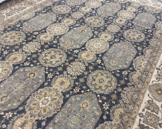 10x14 unique Geometric dark gray ivory chobi Oushak rug - Oreintal Rug - afghan hand woven wool rug - bedroom decor rug - living room rug