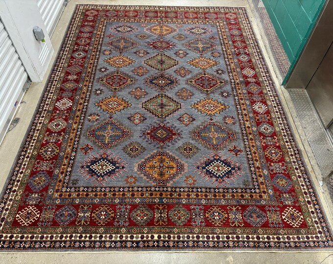 9x12 Caucasian Blue Geometric Kazak rug - Afghan Hand knotted Wool Oriental area rug - rug for livingroom - bedroom rug - dining room rug