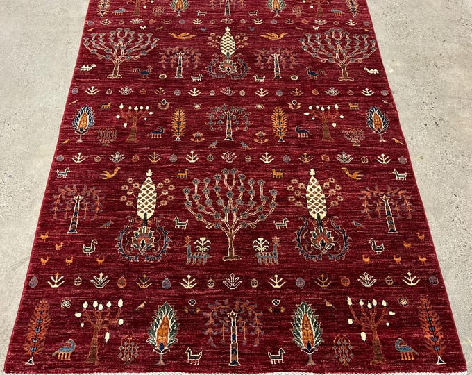 5x7 Beautiful Red Gabbeh Rug - Tree of life art Afghan Hand knotted Wool rug - Entryway rug - Kitchen Rug - vintage rug - traditional rug