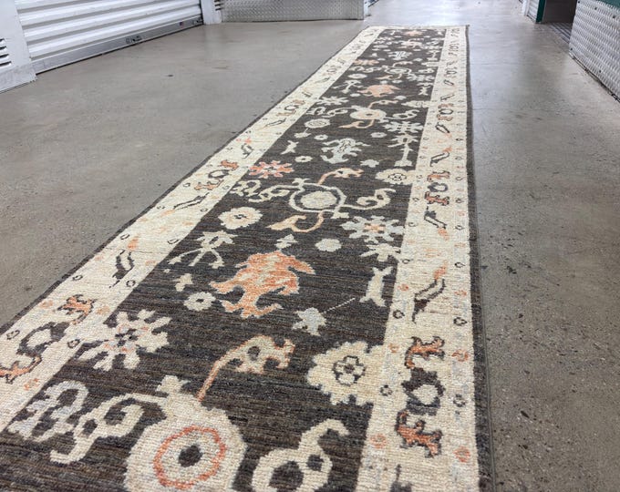 19 ft tribal oushak black brown runner afghan hand knotted wool rug - oriental runner rugs - hallway rug - kitchen rug - entryway runner rug