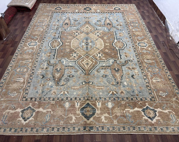 Stunning vintage handmade serape rug 10x13 ft - beautiful Rust blue color rug - rug for living room - hand knotted afghan rug - bedroom rug