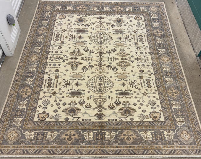 8x10 unique tribal Nomadic design ivory chobi Oushak rug - Oreintal Rug - afghan hand woven wool rug - bedroom decor rug - living room rug