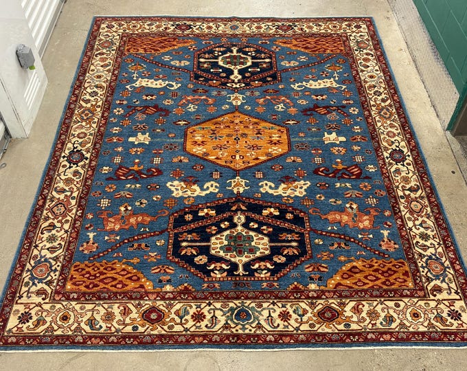 8x10 light blue tribal rug - Afghan Hand knotted Persian style wool area rug - natural dyes rich colors rug - rugs for bedroom , living room