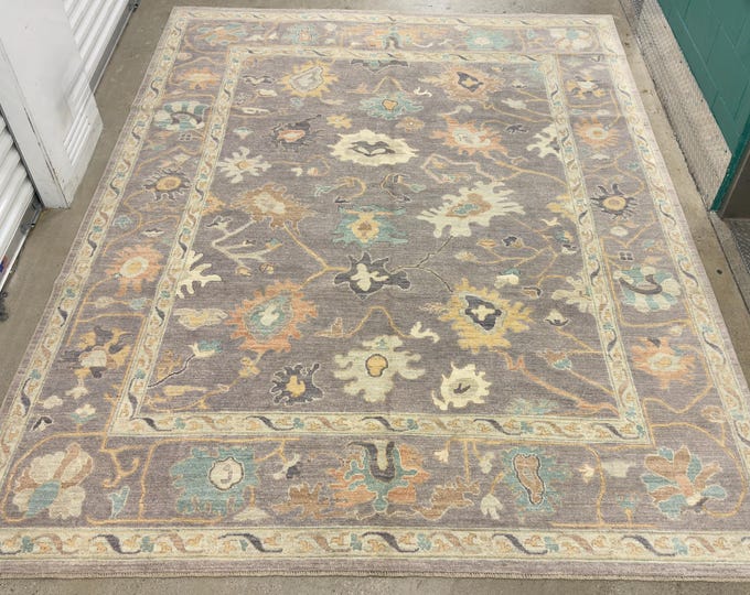 9x12 purple gray handmade oushak rug - vintage floral bedroom decor rug - hand knotted natural veg dyes wool rug - rugs for living room