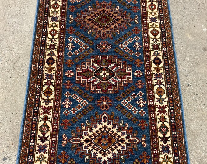 9 ft light blue Kazak Runner Rug - Afghan hand knotted - Kazak Runner - Entryway Rug - hallway rug - Home Decor- Corridor Rug - kitchen rug