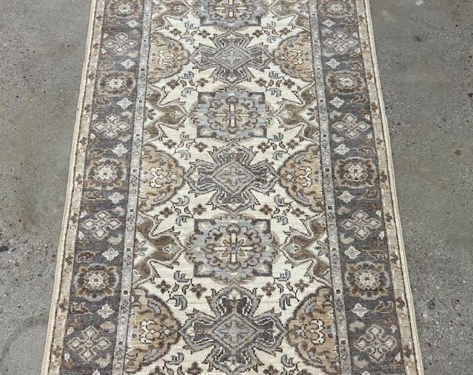 10ft tribal chobi white gray runner rug afghan hand knotted wool rug - oriental runner rug - hallway rug - kitchen rug - entryway runner rug