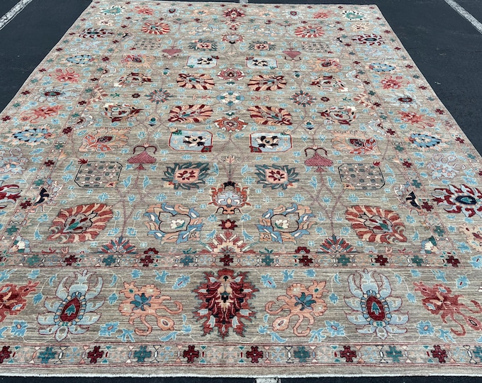 12x15 Oversize Tribal beige Gray Waziri Rug - Afghan Persian Style Hand knotted Wool Oriental Rug - large area livingroom rugs - Bedroom rug