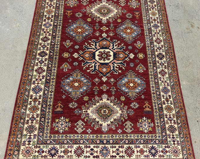 5x7 Beautiful tribal floral red and ivory rug - Afghan Persian style hand knotted wool oriental rug - hallway rugs - living room rugs
