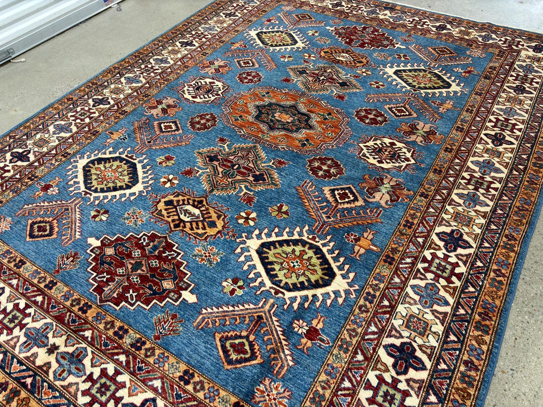 7x9 Stunning Blue Kazak Rug - Afghan Hand Knotted Veg Dyes Wool Area ...