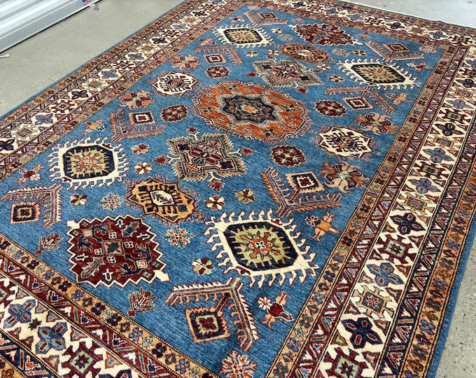 7x9 Stunning blue Kazak Rug - Afghan Hand knotted Veg dyes Wool Area Rug - Rug for Livingroom - Bedroom Rug - Traditional rug -Oriental rug