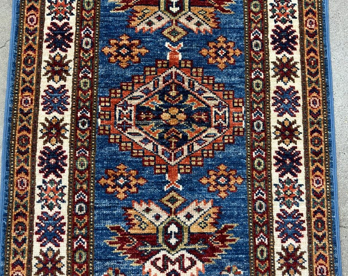 2x3 Blue Kazak Rug - Afghan Hand knotted Veg dye wool Small rug - Kitchen Rug - Decorative Rug - Bathroom Rug - door mat rug - kids room rug