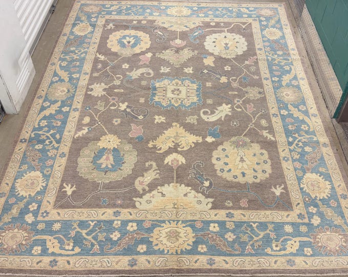 9x12 Gray turquoise blue tribal Oushak rug, Afghan hand knotted wool oriental rug, Ziegler rug, Rug for livingroom, bedroom rug, vintage rug