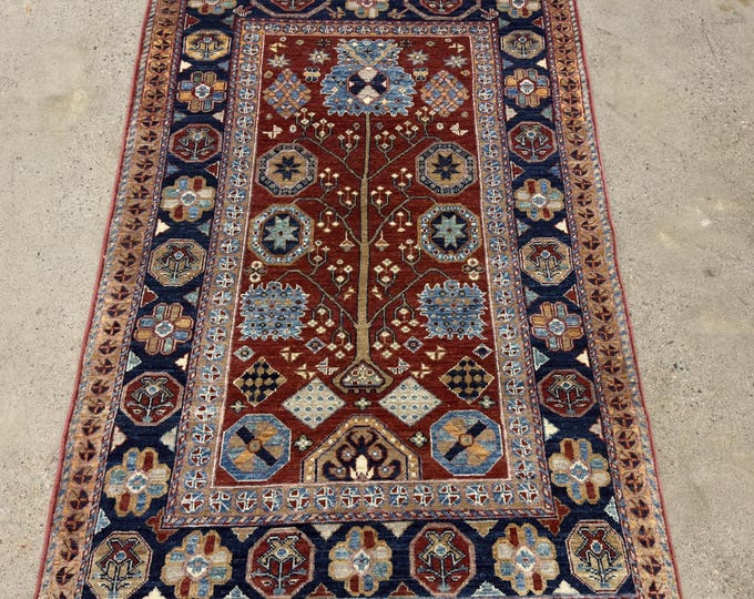 4x6 ethnic tribal red navy blue rug - afghan hand knotted oriental rug - natural veg dye color wool rug - kitchen rug - living room rug