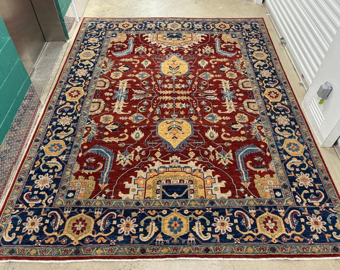 9x12 Serape Red Navy blue area rug - afghan hand knotted Wool Oriental  rug - Natural veg dye color rug - rugs for livingroom - bedroom rug
