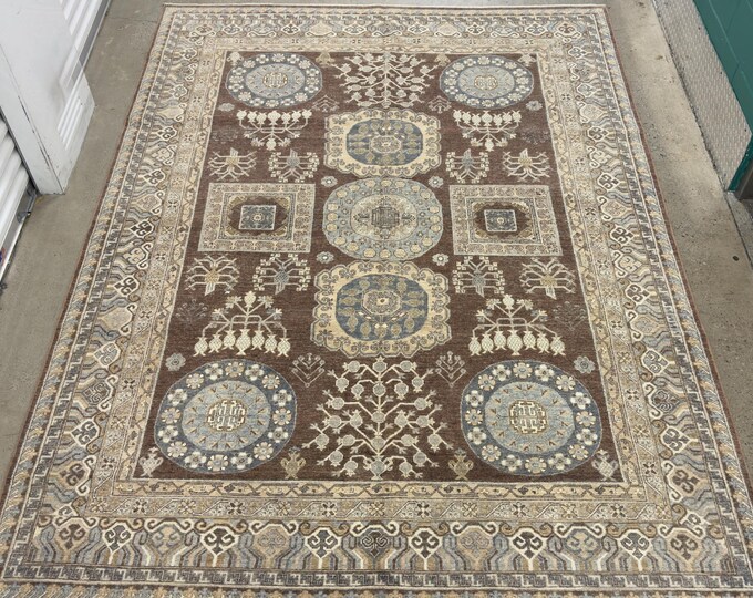 8x11 ethnic tribal chocolate brown khotan area rug - afghan hand knotted natural veg dyed wool oriental rug - bedroom rug, dining room rug