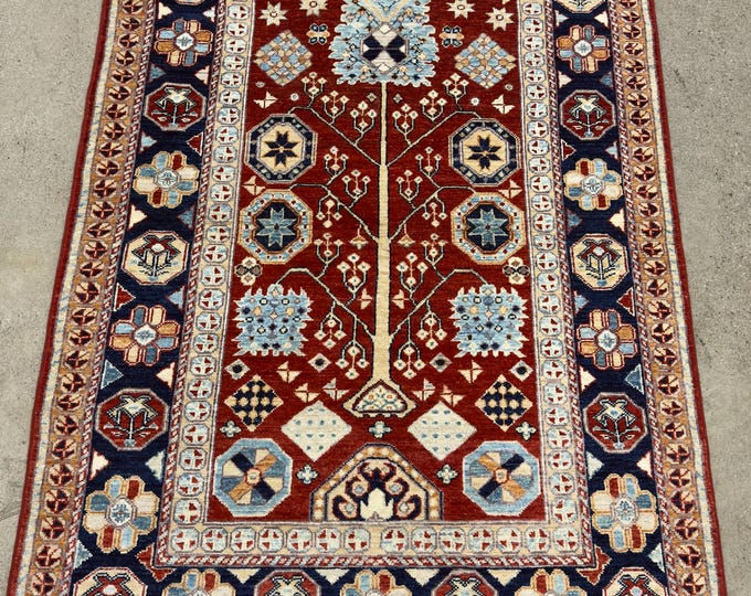 4x6 ethnic tribal red navy blue rug - afghan hand knotted oriental rug - natural veg dye color wool rug - kitchen rug - living room rug
