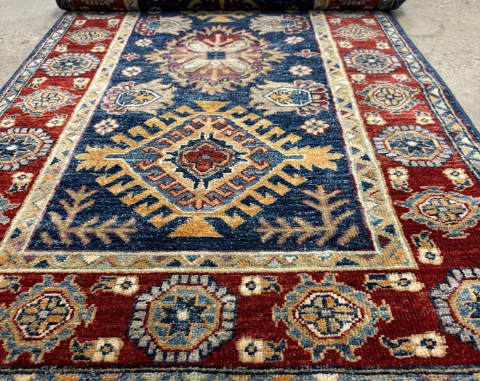 10 ft tribal chobi navy blue runner rug afghan hand knotted wool rug - oriental runner rug - hallway rug - kitchen rug - entryway runner rug