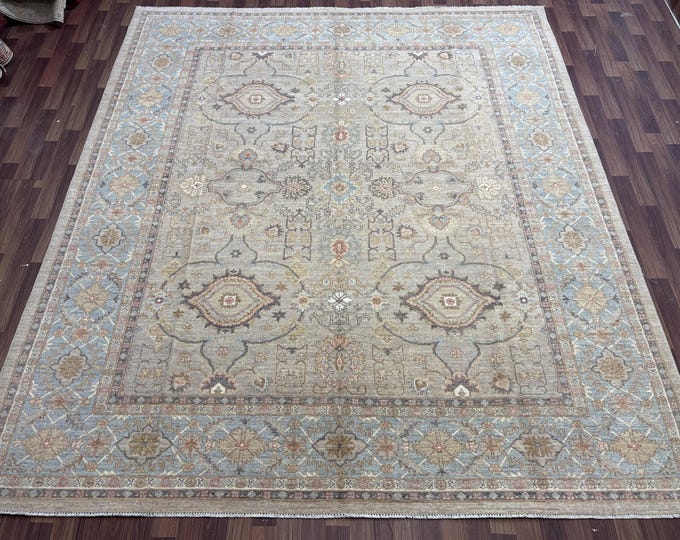 8x10 ft Beige Pastel Blue Afghan Hand-Knotted Chobi Oriental Rug - Vintage Boho Rug - Soft Neutral Rug - Handmade Wool Rug - Large Area Rug