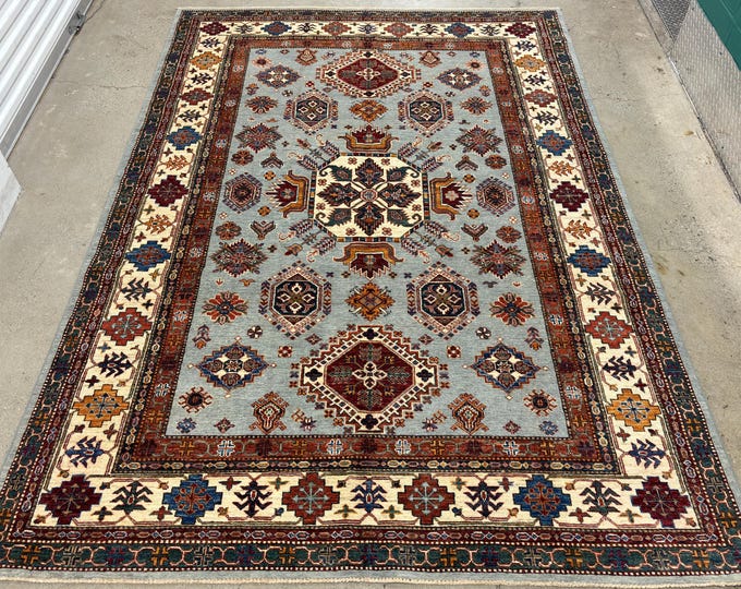 7x10 Beautiful Ocean blue kazak rug - Afghan tribal hand knotted wool rug - Oriental rug - rugs for living room - bedroom rug - nomad rug