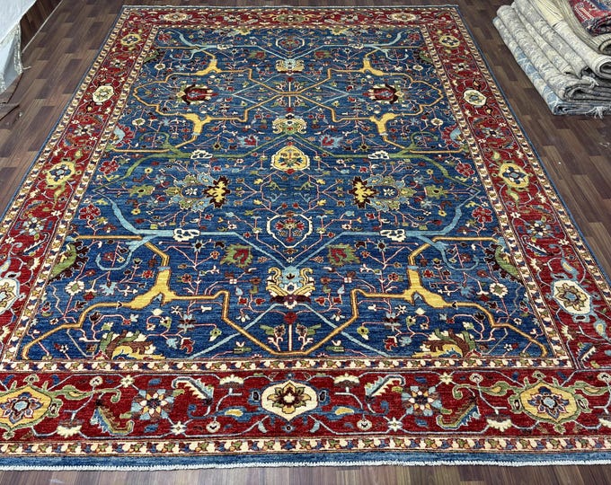 9x12 ft Red Blue Afghan Bidjar Rug - hand knotted Veg Dye Wool Oriental Rug - Bedroom area Rug - living room rug - Blue carpet -  9"x11'10"