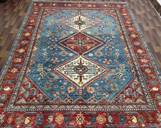 8x10 ft Stunning vintage handmade Shiraz rug - beautiful Red blue rug for living room -Afghan hand knotted wool rug - bedroom rug - 8'2x10'2