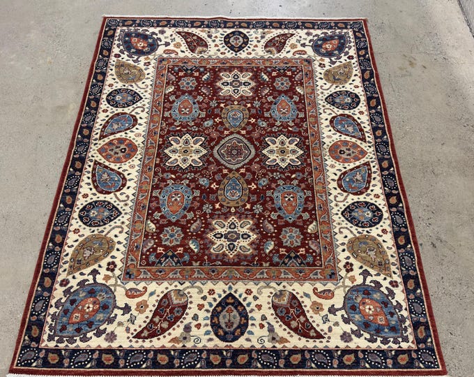5x7 tribal Suzani red navy blue rug - Persian style afghan hand knotted oriental rug - natural veg dye wool rug - kitchen, living room rug