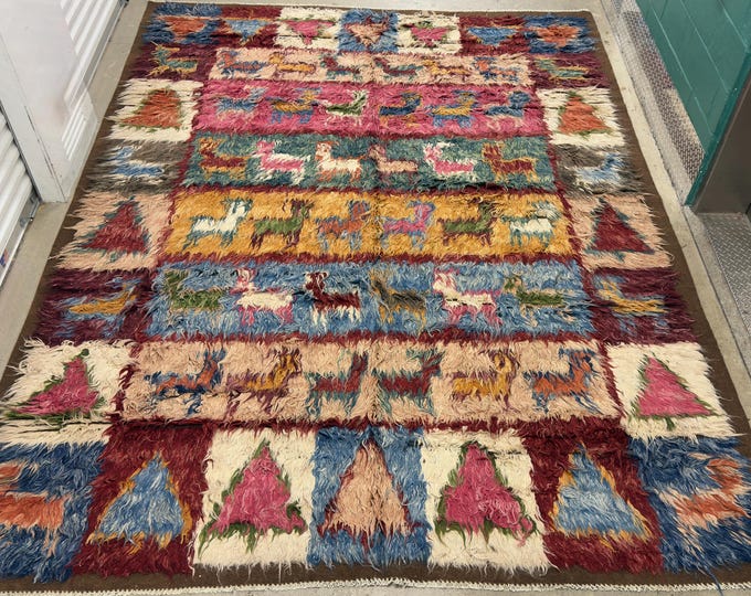 9x12 handmade Moroccan double pile kilim rug - afghan hand knotted wool rug - livingroom rug - tribal home decor rug - tree animal print rug