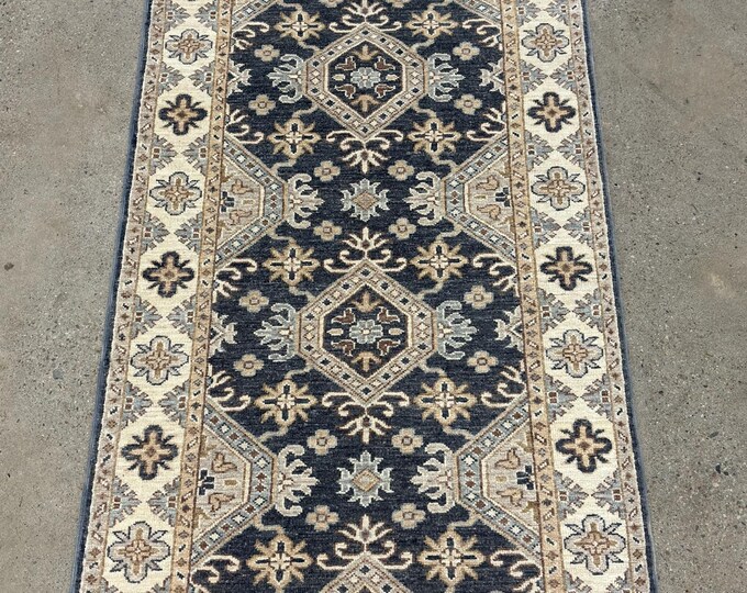 9 ft tribal chobi dark gray runner rug afghan hand knotted wool rug - oriental runner rug - hallway rug - kitchen rug - entryway runner rug