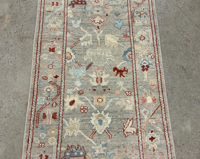 Tribal Hand Knotted Oushak Runner Rug 8 ft – Vintage Turkish Wool Rug – Traditional Gray, Blue & Red Hallway Carpet – Antique Style Area Rug